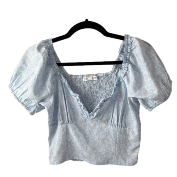 Vanilla Star Tops - V-neck Ruched Blue Floral Blouse Size Small